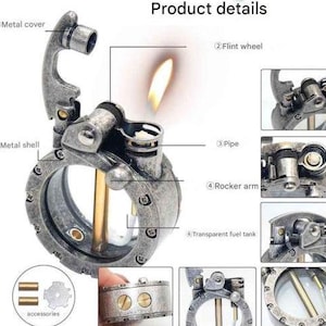 May include: A silver steampunk-style lighter with a transparent fuel tank, a flint wheel, a rocker arm, and a metal cover. The lighter is disassembled to show its internal workings. The image includes text labels for each part of the lighter.