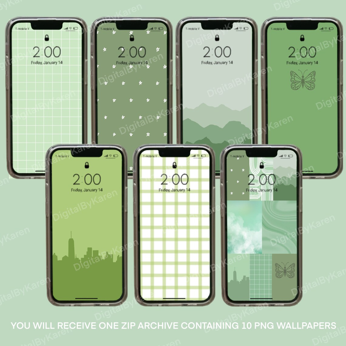 10 Aesthetic Green iPhone Wallpapers Digital Download, Cute Pastel