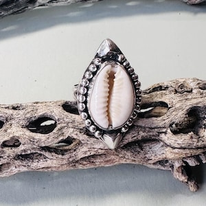 May include: A silver ring featuring a central white cowrie shell set within a marquise-shaped frame. The metal setting is decorated with a beaded border and pointed ends at the top and bottom, creating a distinct, symmetrical, and textured appearance.