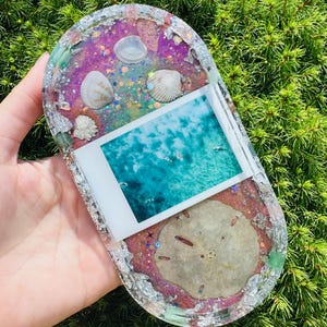 Polaroid and Sand Dollar Glittery Ocean Tray, Rolling Tray, Beach Resin Art