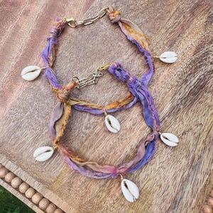 de cheville en soie sari coquillage | Bracelet de cheville bohème cauris | Bijoux Beachy Summer Festival