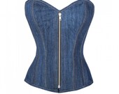 Blue Denim Zipper Gothic Steel Boned Bustier Waist Training Overbust Corset Costume