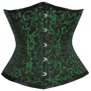 Underbust corset green black brocade Steel Boned waist trainer
