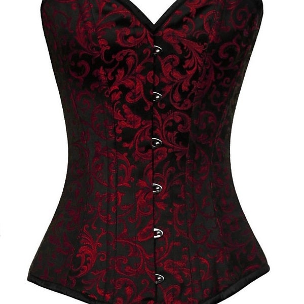 Top da donna in broccato rosso e nero con corsetto overbust LUNGO