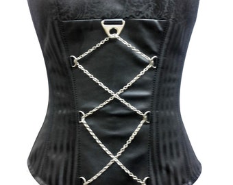 Overbust Corset Black Brocade & Faux Leather Steel Boned Bustier Top