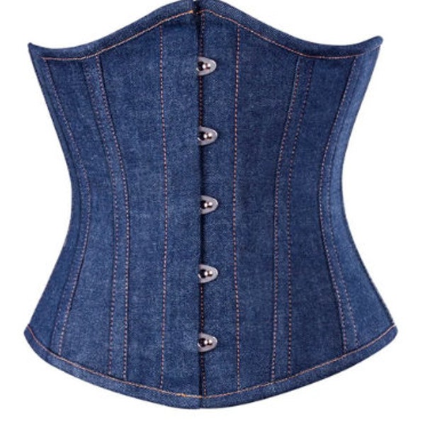 Underbust corset blue denim steel boned waist cincher heavy duty women clothing