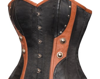 Overbust Corset black satin brown faux leather steel boned costume