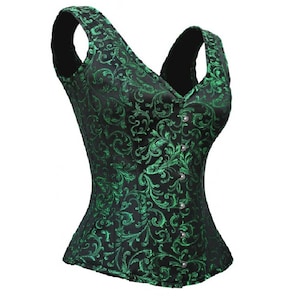 Overbust corset green black brocade shoulder strap steel boned waist trainer top