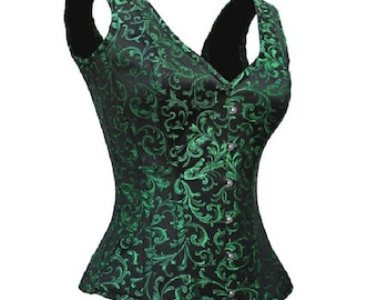Overbust corset green black brocade shoulder strap steel boned waist trainer top