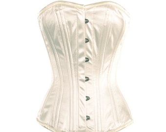 Women overbust corset bondage white satin heavy duty steel boned victorian bustier