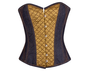 Women overbust corset top alpine yellow & blue denim steel boned waist trainer