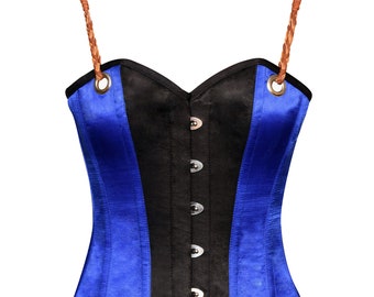 Women Overbust Corset Blue and Black Satin Shoulder Straps Top