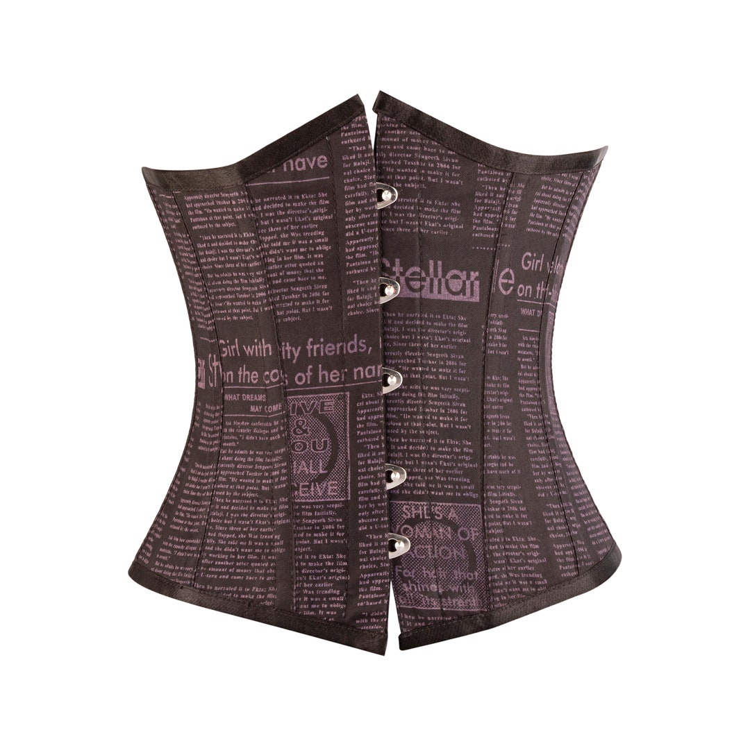 Women's Corset Black Newspaper Print Cotton Steel Boned Etsy