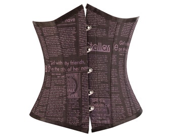 Women's underbust corset black newspaper print cotton steel boned waist trainer