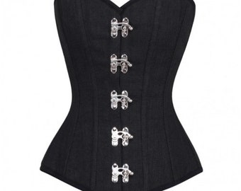 Women overbust corset top black denim tight lacing steel boned bustier