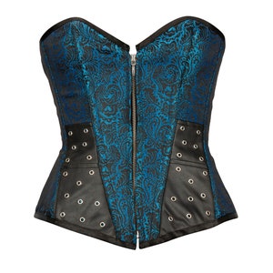 Women corset blue brocade and black faux leather steel boned bustier overbust top