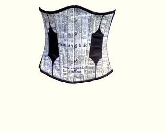 Corset sous la poitrine Serre-taille en coton imprimé journal noir et blanc