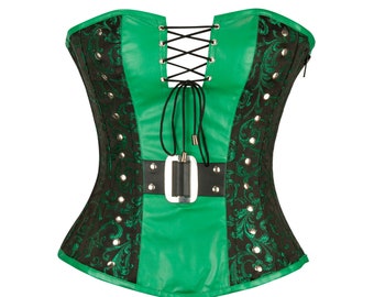 Overbust corset vert brocart noir et similicuir authentique bustier à baleines en acier