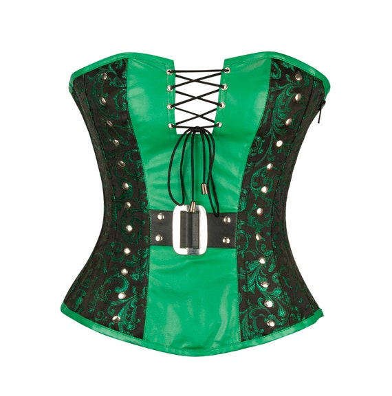 Overbust Corset Green Black Brocade & Faux Leather Authentic Steel
