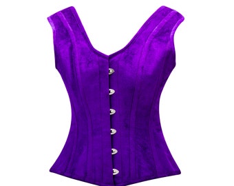 Overbust corset purple velvet shoulder strap bustier steel boned full bust top