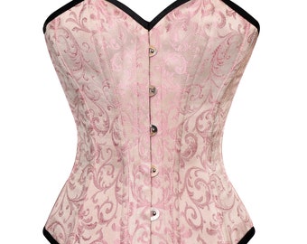 Women overbust corset top in pink brocade cosplay steel boned waist trainer