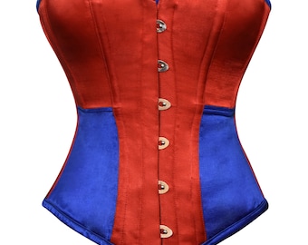 Women overbust corset red & blue satin bustier steel boned top