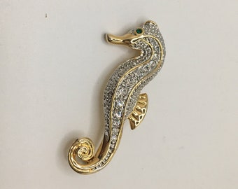 Beautiful Seahorse Costume brooch, Rhinestones ,gold tone