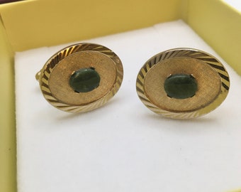 Vintage Cufflinks  Dante Gold Tone Oval Green Jade Weeding Gift for Groom Cufflinks