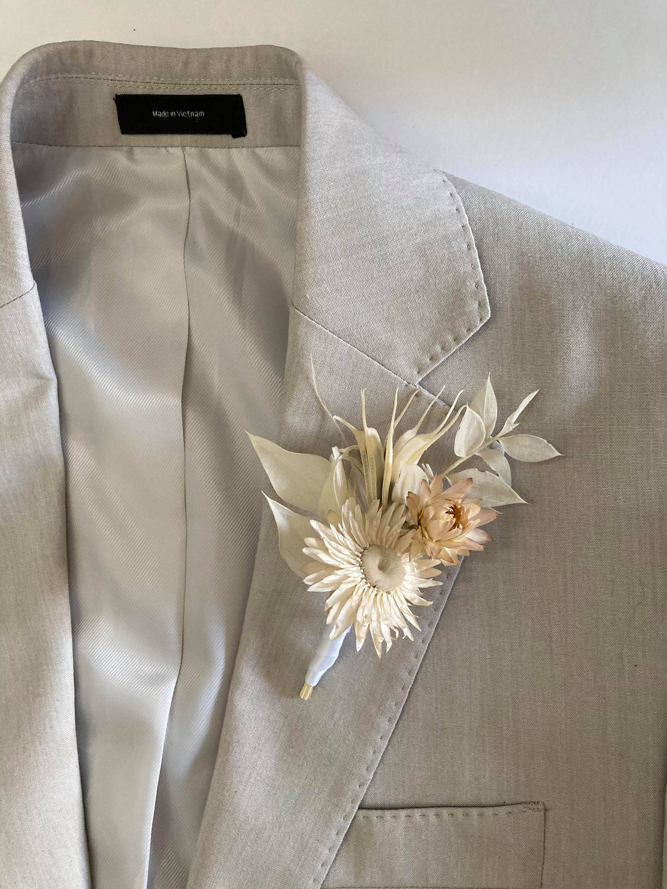 Neutral Dried Flower Boutonniere White Button Holes | Etsy