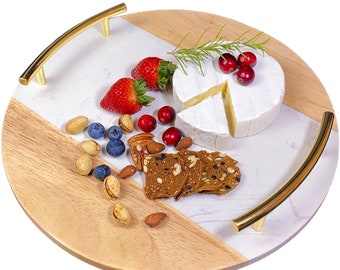 Marble Cheese Board with Handle 13" Round - Beautifully Handcrafted Marble and Wood Charcuterie Board - Wonderful Housewarming Gift
