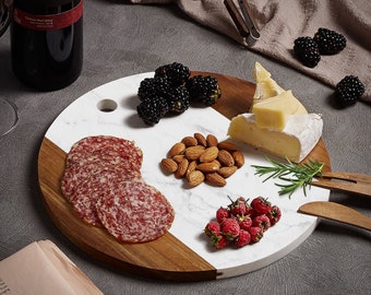 Marble Cheese Board with Acacia Accent 11" Round - Beautifully Handcrafted Charcuterie Board for Two - Wonderful Housewarming Gift