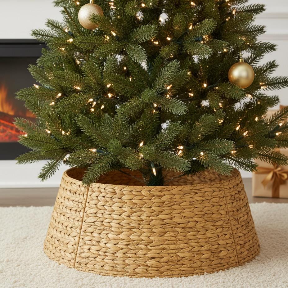 28" Woven Christmas Tree Collar - White Imitation Rattan Basket, Easy Assembly