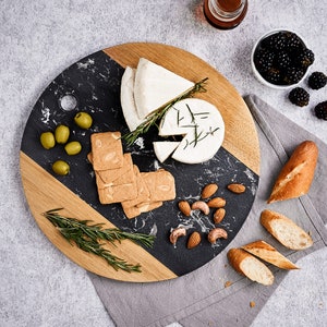 Marble Cheese Board with Acacia Wood Accent 12 inches - Charcuterie Board for Two - Marble and Wood Cheese Board - Marble Cutting Board