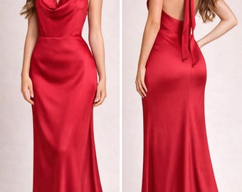 Rood satijnen halter galajurk maat small, unieke avondjurk, formele jurk zonder rug, elegante lange jurk klaar voor verzending