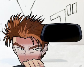 May include: A cartoon illustration of a person's head and shoulders peeking out of a car window. The person has brown hair, a red face, and is looking directly at the viewer. The car's side mirror is visible in the background.