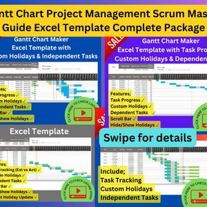 Pacote de guia de modelos de gerenciamento de projetos do Excel gráfico de Gantt para Scrum Masters com marcador de progresso de tarefa, plano x real, feriados personalizados