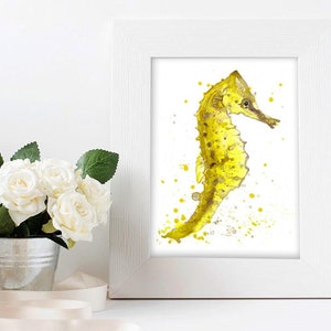 Seahorse Watercolor Painting Wall Art Ocean Nautical Coastal Decor Fish Sea Life Ink Watercolor Print Seahorse Painting Surf Painting
