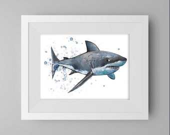 The Great White shark art watercolor shark great white acrylic ink ink art shark painting great white shark