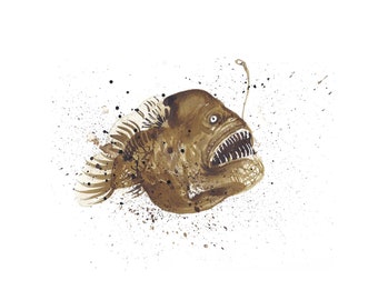 Anglerfish, Scary fish, Deep Sea Prints, Ocean Art Prints, Sea Creature Art, deep sea fish, marine life art, Anglerfish, acrylic ink, sepia