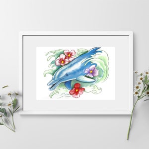 Hawaiian Dolphin Dolphin Art Sea animal Hawaiian Illustration Sea Life Art Marine Life Art Nautical Prints Flower Art Aquatic Wave Painting