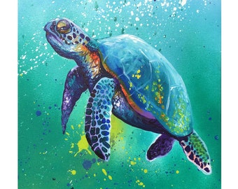 Aqua Sea Turtle Art print Hermosa tortuga acuática pintura mar reptil arte pez marino artista abstracto océano náutico vida marina pintura