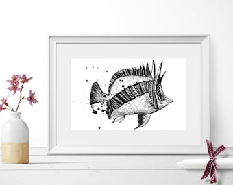 Tribal fjärilsfisk Penna och bläck fiskkonst Marint liv Skiss Fjärilsfisk Hawaiiansk tatueringskonst Tribal mönster illustration Skisskonst