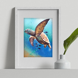 Sea Turtle Art print Brown Aquatic Turtle painting Sea Turtle Art Marine life Fish Artist Abstract Ocean Painting
