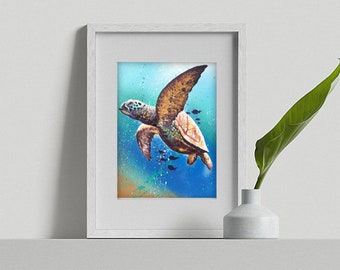 Impresión de arte de tortugas marinas, pintura de tortugas acuáticas marrones, arte de tortugas marinas, vida marina, artista de peces, pintura abstracta del océano