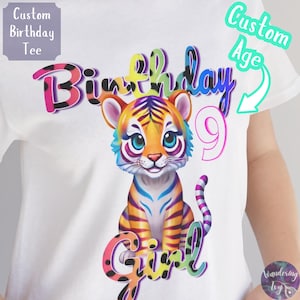 Custom Birthday Girl Shirt - Rainbow Tiger Animal Print - Baby Toddler Youth Adult 106A