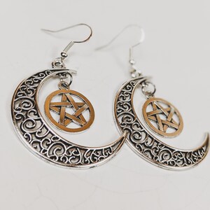 Silver Crescent Moon Earrings, Moon Dangle Earrings, Pentacle Earrings, Pagan Earrings, Celestial Earrings, Moon Phase Jewelry