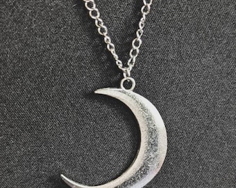 Large Silver Crescent Moon Pendant Necklace