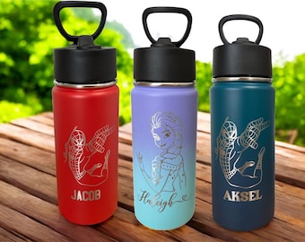 Personalized Kids Stainless Steel Tumbler: Laser Engraved Princess and Superheroes water bottle