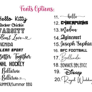 May include: A white background displays a list of 20 font options. The title "Fonts Options" is in pink script. Each font is numbered and shown in a different style, including "Hello Kitty", "Varsity", and "Disney".