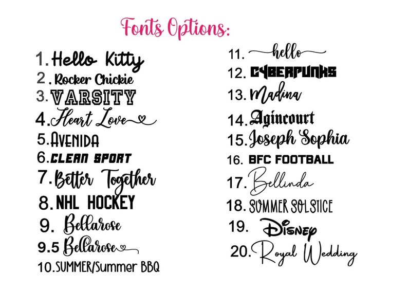 May include: A white background displays a list of 20 font options. The title "Fonts Options" is in pink script. Each font is numbered and shown in a different style, including "Hello Kitty", "Varsity", and "Disney".